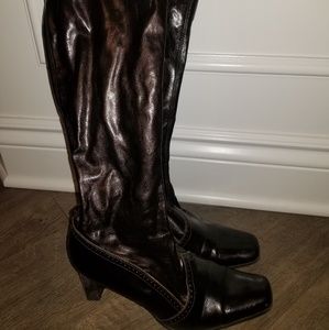 Dark Brown Patent Square Toe Heeled Boots